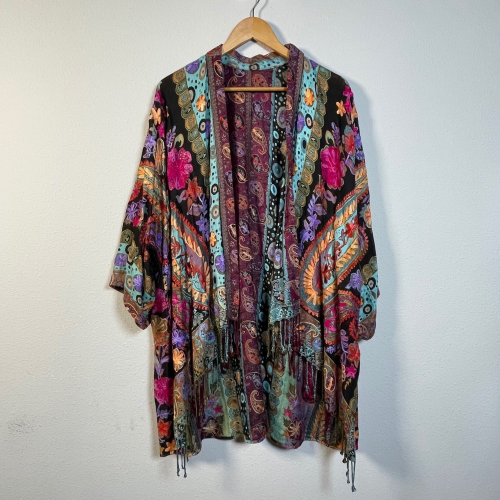 BOK Kimono Wrap Womens One Size Multicolor Paisley Floral Fringe Boho Festival